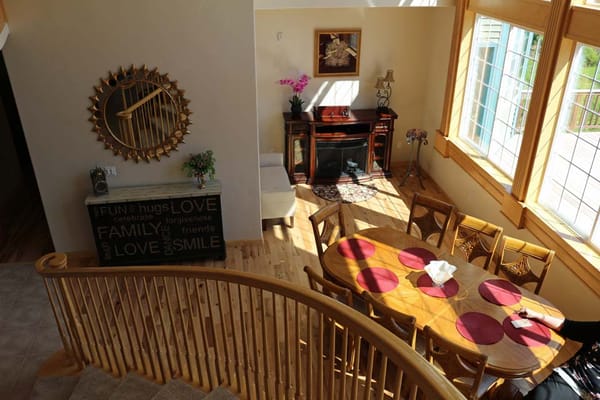 Interior view of a dining area with wooden decor
