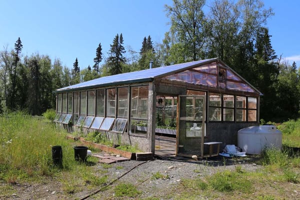 Greenhouse structure surrounded by grass and trees