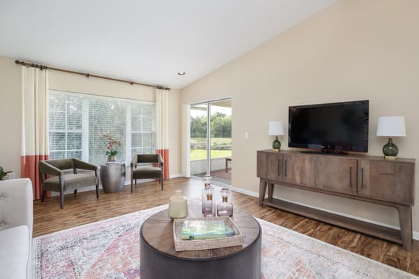Bright, inviting common area of a senior living facility