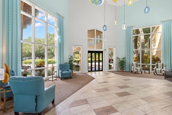 Bright and inviting lobby area with large windows