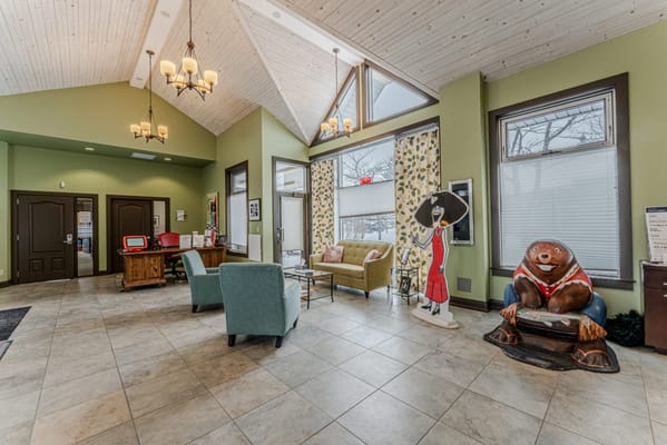 Interior view of a common area with seating