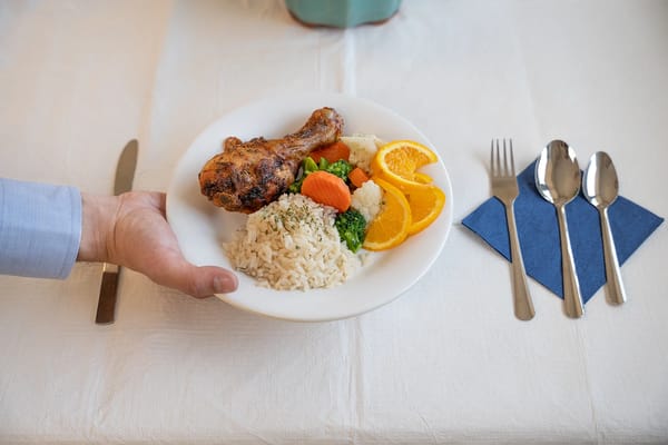 A hand holding a plate of food with chicken, rice, and vegetables.