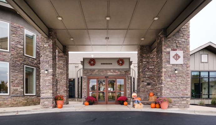 Entrance of Gables of Westerville decorated for fall