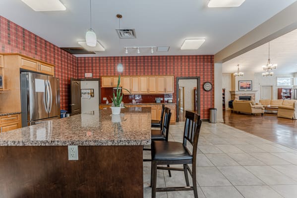 Interior view of a communal dining area with seating