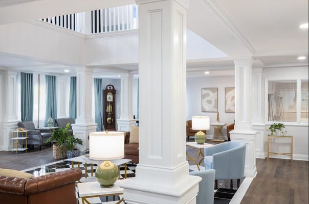 Bright common area with seating and decor