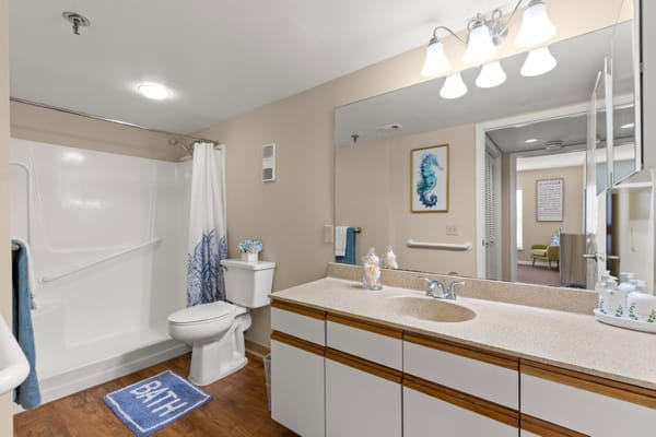 Well-equipped bathroom with safety features for seniors