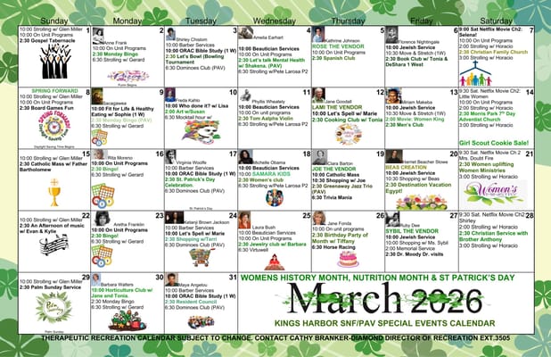March 2026 event calendar for Kings Harbor Multicare Center