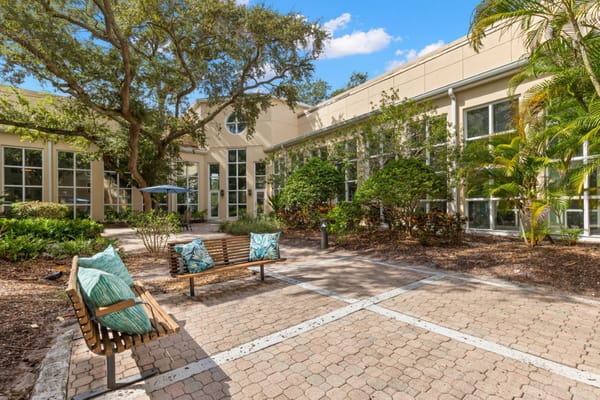 Outdoor garden space with seating and landscaping