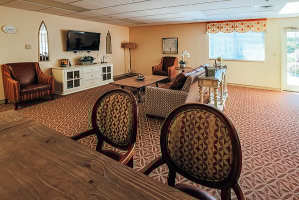 Interior of a common area with seating and decor