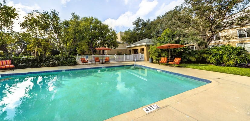 Swimming pool surrounded by lush greenery and seating