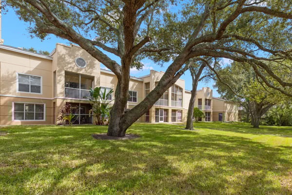 Well-maintained lawn with residential buildings in the background