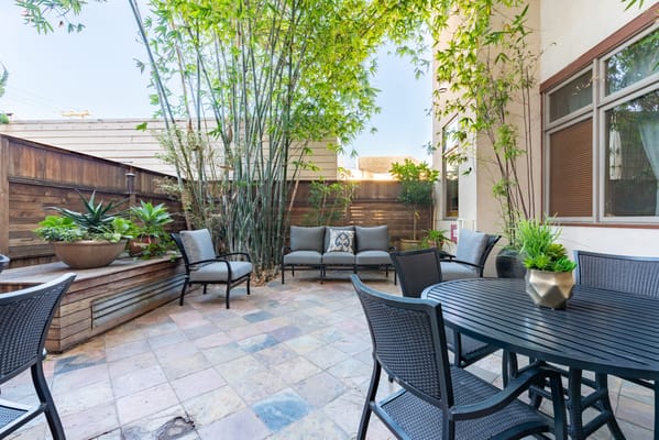 Outdoor seating area surrounded by greenery