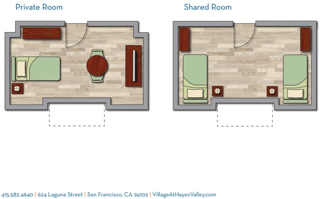 Architectural floor plan of private and shared rooms