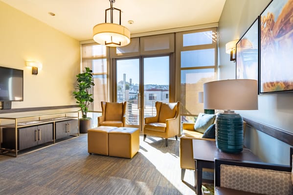 Bright common area in a senior living facility
