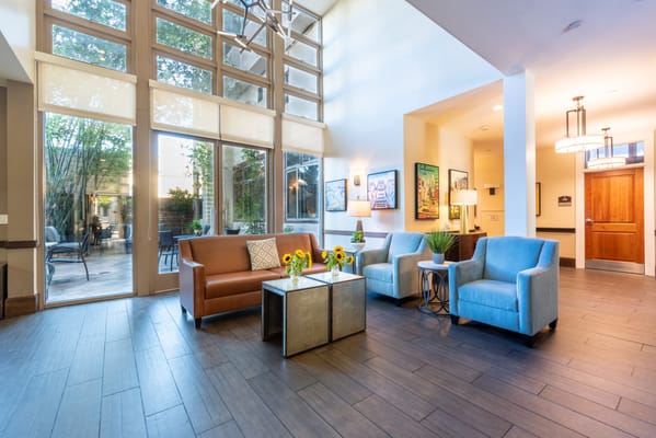 Bright and inviting common area with seating