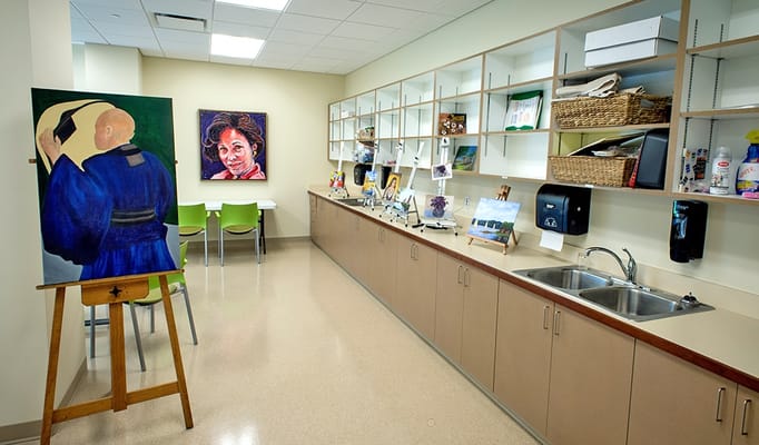 Art activity room with paintings and supplies