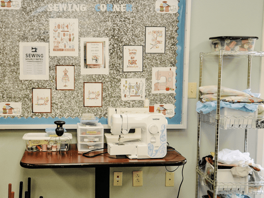 Sewing corner with machine and supplies