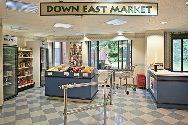 Interior view of a market area with fresh produce