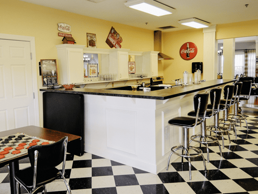 Interior view of a dining area with a bar