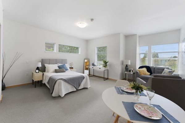 Bright interior of a private resident room with decor