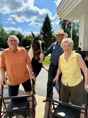Residents interacting with a horse outside the facility