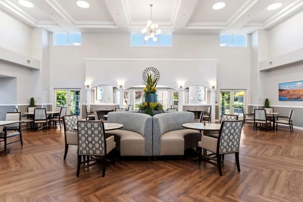 Bright and spacious common area with seating