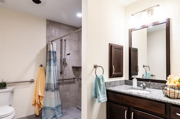 Modern bathroom with shower and vanity