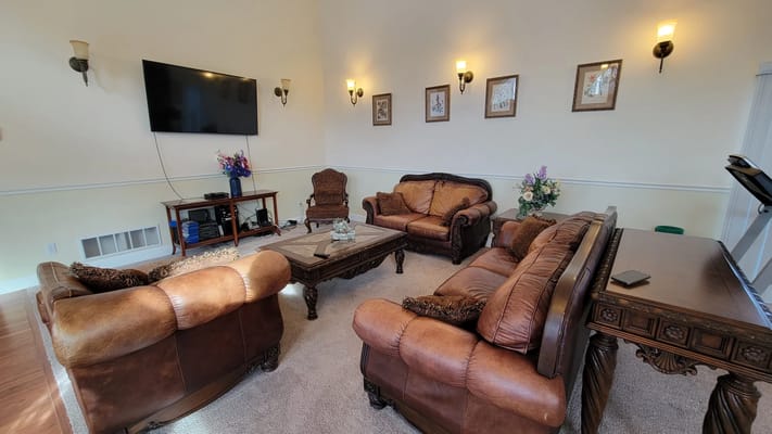 Bright and inviting common area with seating