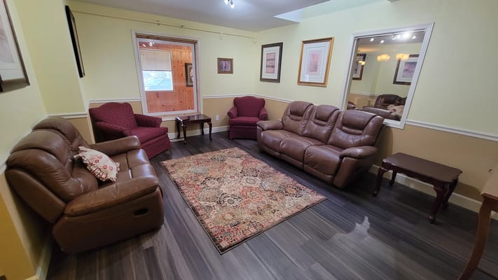 Cozy seating area in a bright common room