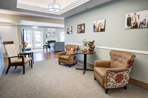 A cozy common area with seating and decorations