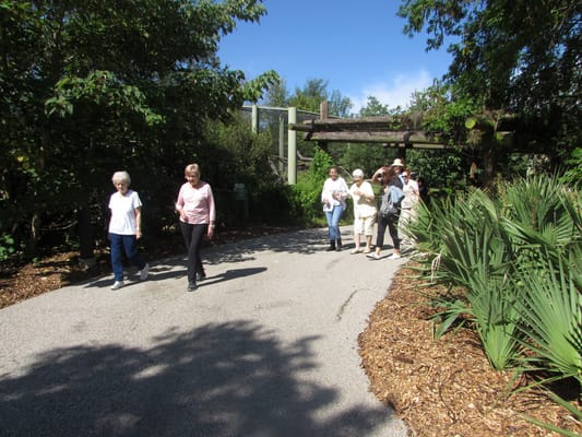 Residents walking through a garden path
