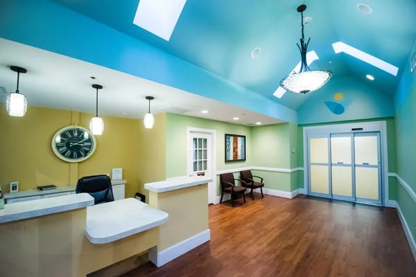 Well-lit reception area of a senior care facility