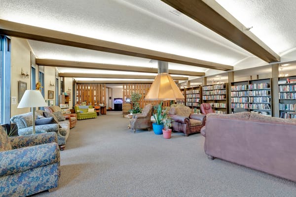 Interior view of a cozy library lounge with seating