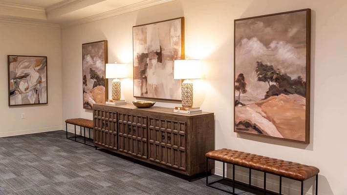 Well-decorated interior common area with artwork