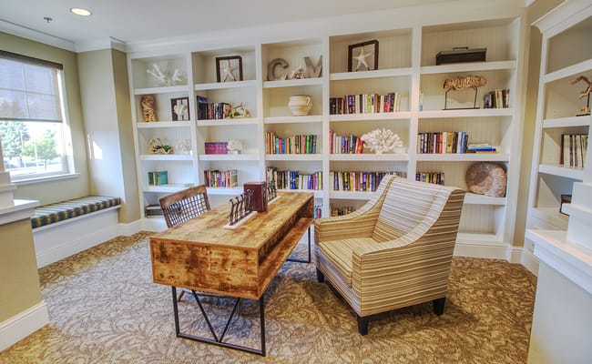 Cozy reading area with bookshelves and seating