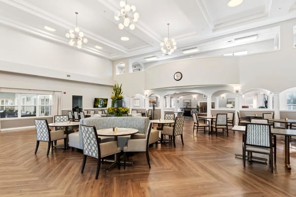 Bright and spacious common area in a senior living facility