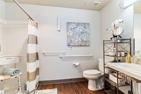 Private bathroom with modern fixtures and decor
