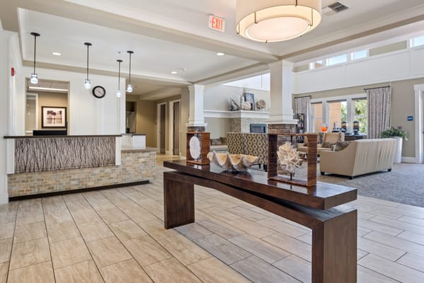 Welcoming lobby with modern decor and seating area