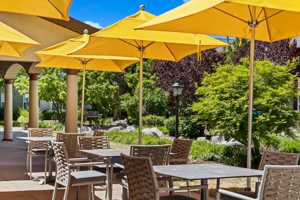 Outdoor dining area with yellow umbrellas and seating