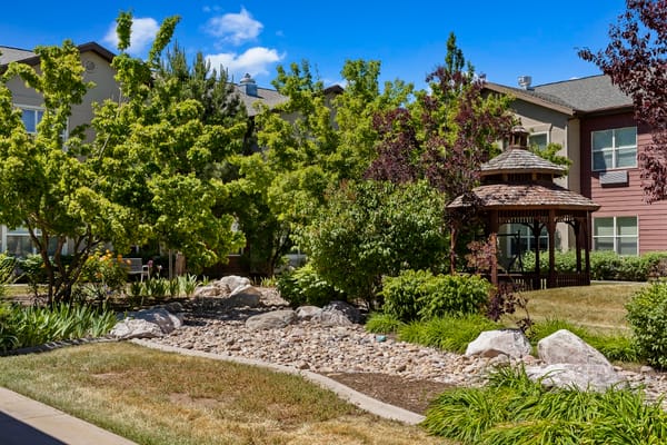 Serene outdoor garden with gazebo and landscaping