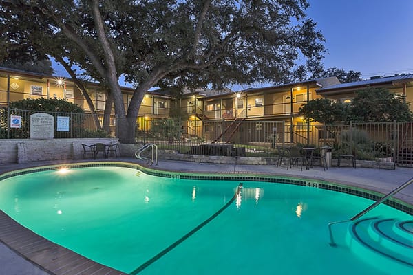Swimming pool with building in the background