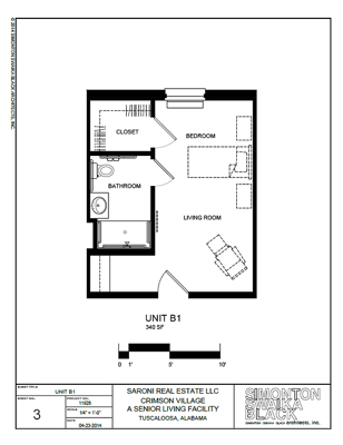 Architectural floor plan of a senior living unit