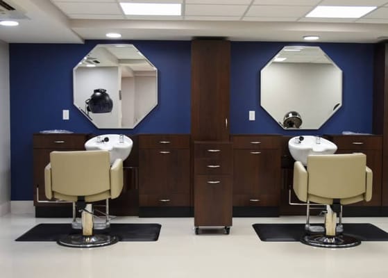 Salon area with two hair washing stations