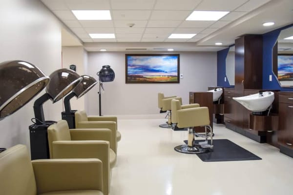 Interior view of a salon with styling chairs and hair dryers