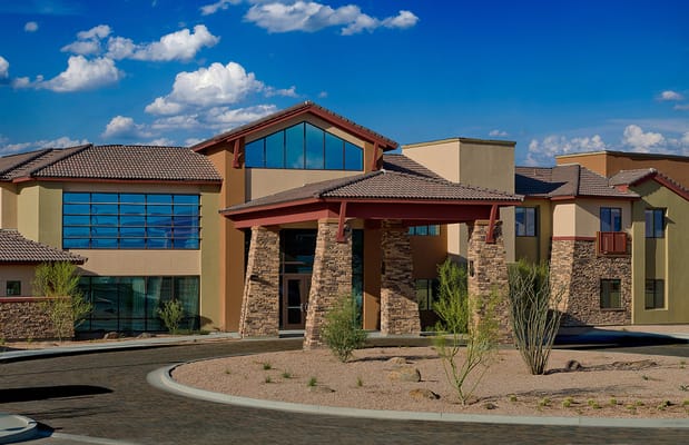 Exterior view of a modern assisted living facility