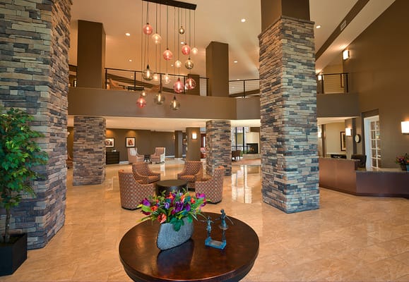 Bright interior lobby with modern decor and seating