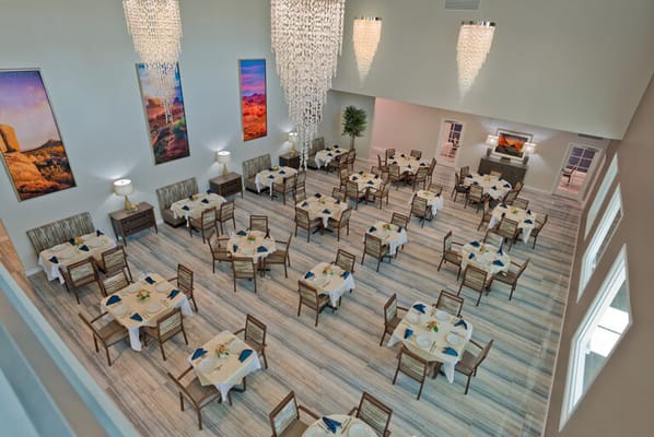 Elegant dining area with tables set for meals