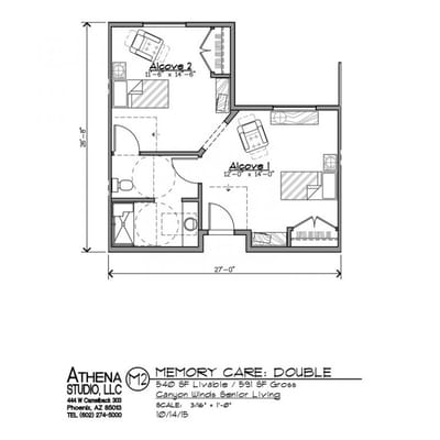Architectural floor plan for memory care double room
