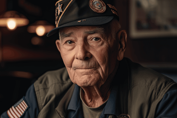 A senior veteran wearing a cap with medals