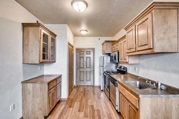 Modern kitchen with wooden cabinets and appliances